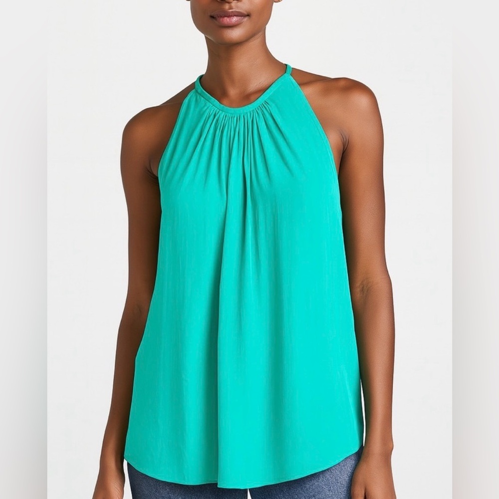 Ramy Brook XS Teal Turquoise Halter Pleated Blouse Relaxed Fit Top